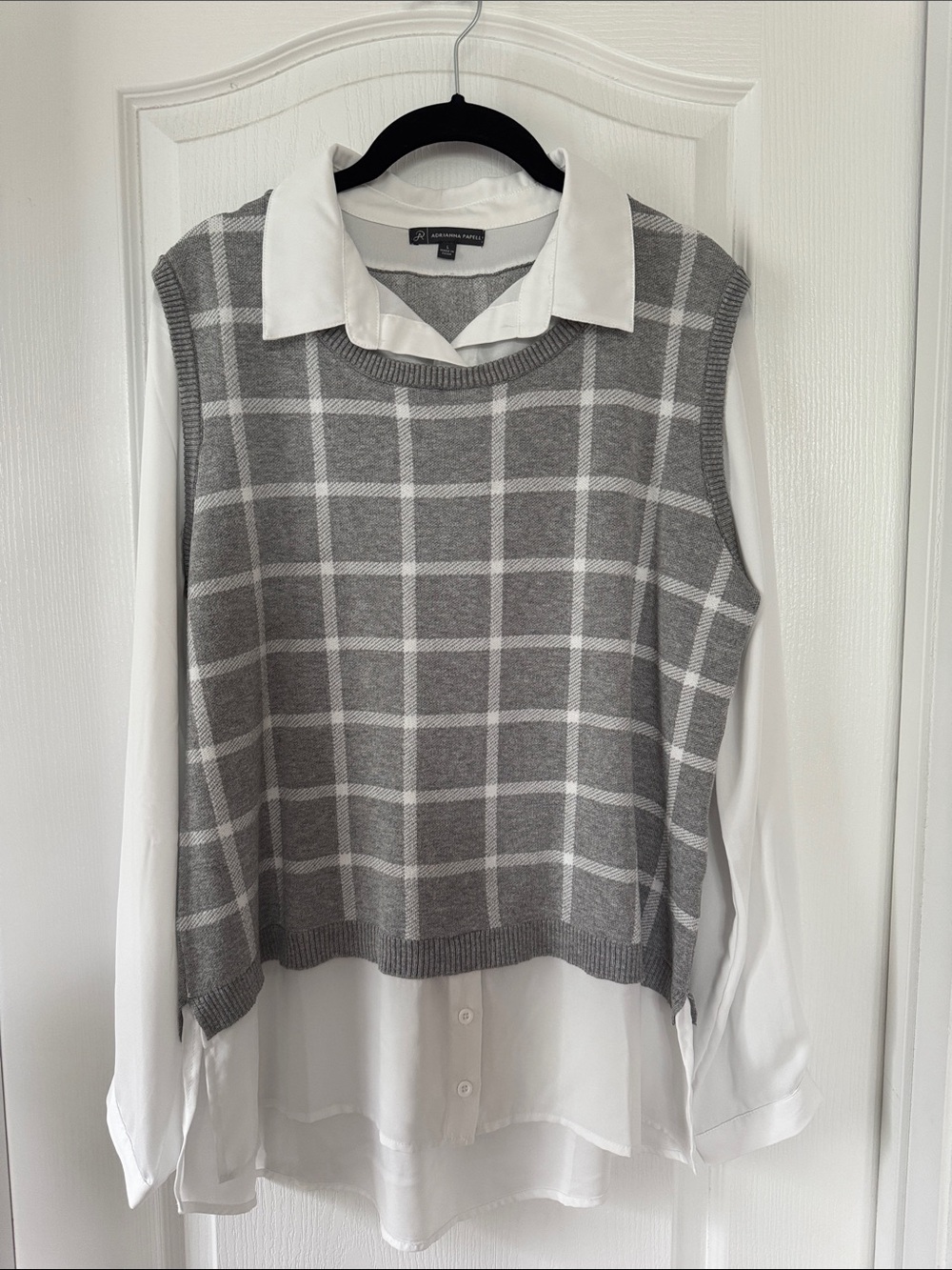 Adrianna Papell Gray Windowpane Knit V-Neck Vest with White Shirt